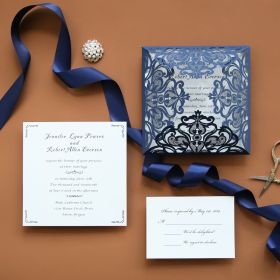 Graceful Navy Blue Laser Cut Wedding Invitation Swws211