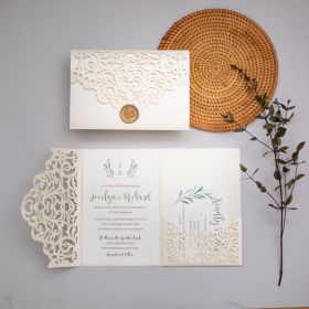 Elegant Ivory Laser Cut Pocket Wedding Invitations With Greenery Monogram Swws185