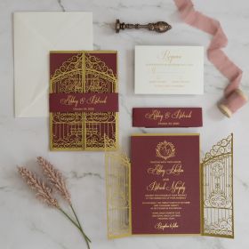 Gold Gate Design Laser Cut Invitation With Burgundy And Gold Monogram Wording Swws198
