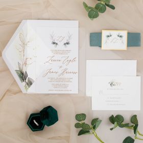 Elegant Greenery Monogram Gold Calligraphy Acrylic Wedding Invites Swal071