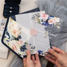 Elegant Navy And Blush Floral Acrylic Wedding Invitations With Printed Vellum Jacket CAPV011