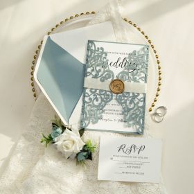 Simple Dusty Blue Laser Cut Wraps With Calligraphy Wording And Ivory Ribbon Swws183