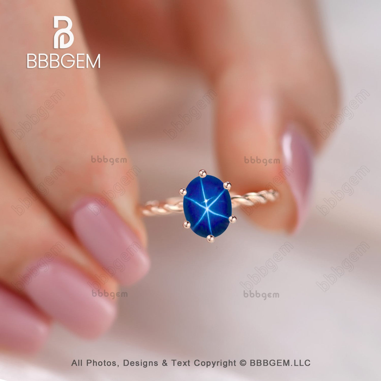 14K Rose Gold Star Sapphire Oval Ring, 1 Carat September Birthstone Blue Star Sapphire Solitaire Ring With Twisted Rope Band