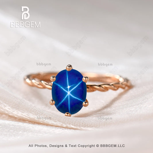 14K Rose Gold Star Sapphire Oval Ring, 1 Carat September Birthstone Blue Star Sapphire Solitaire Ring With Twisted Rope Band