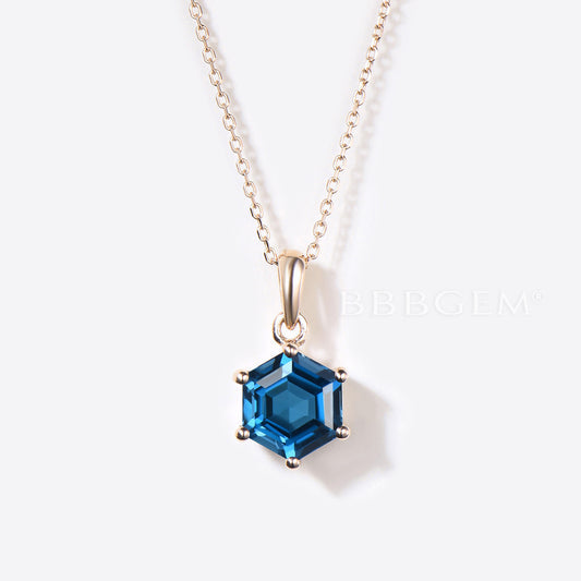 Hexagon Cut London Blue Topaz Solitaire Pendant Minimalist Necklace