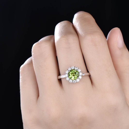 1 Carat Peridot Engagement Ring Floral Moissanite Halo Wedding Ring Vintage Romantic