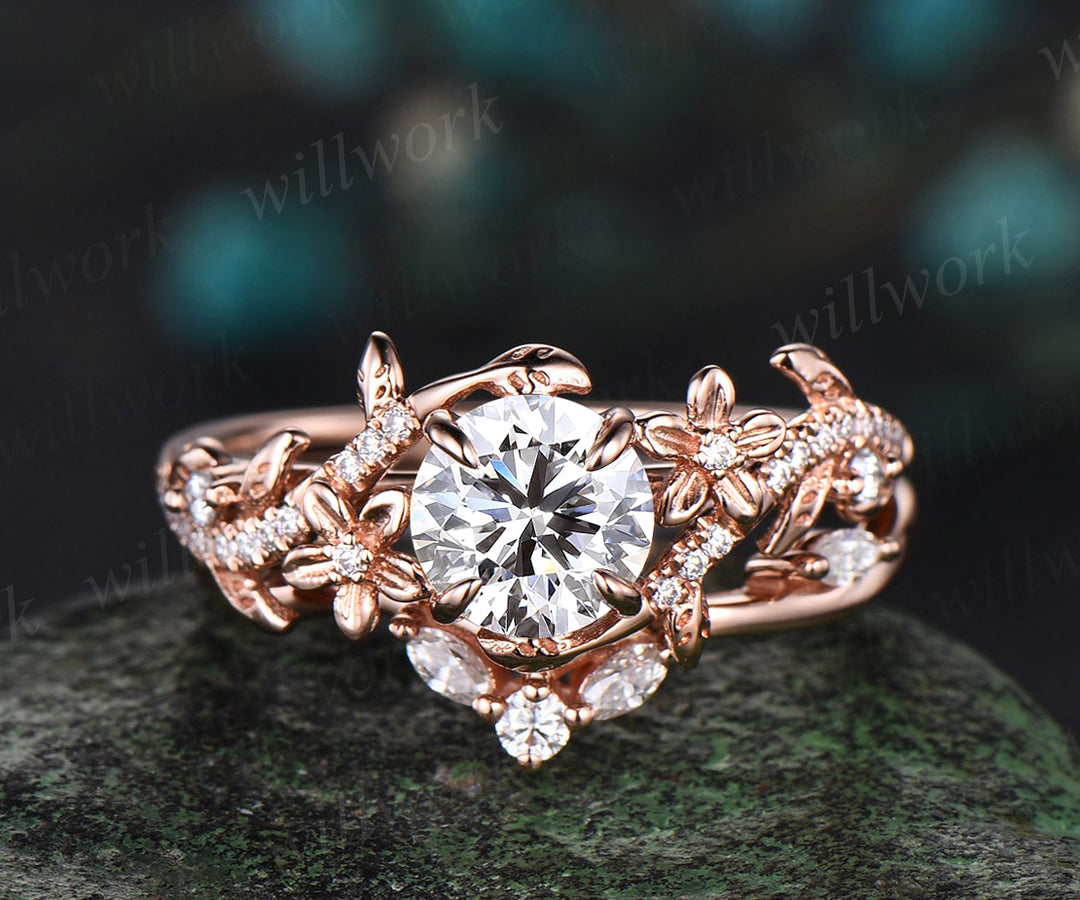 1 Carat Round IGI Lab Grown Diamond Ring 14k Rose Gold Flower Engagement Ring Set IGI Certified Diamond Wedding Ring Nature Entangled Vines Ring