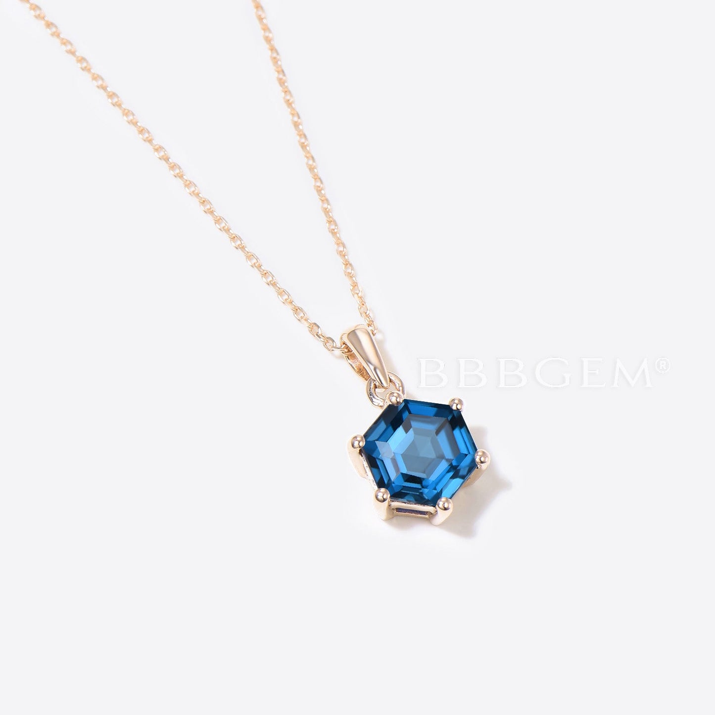 Hexagon Cut London Blue Topaz Solitaire Pendant Minimalist Necklace