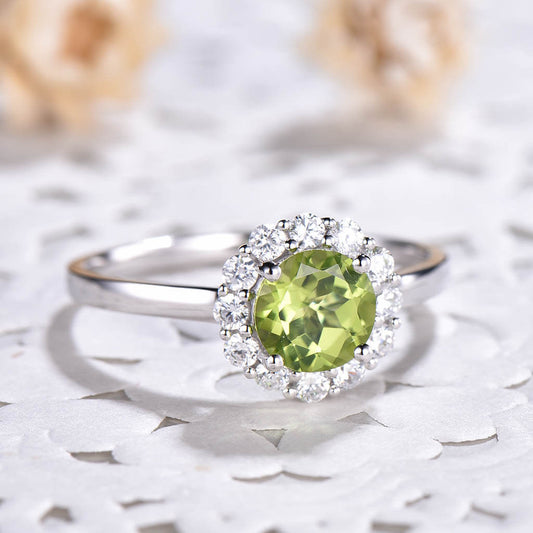 1 Carat Peridot Engagement Ring Floral Moissanite Halo Wedding Ring Vintage Romantic