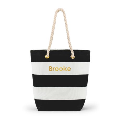 Personalized Large Bliss Striped Cotton Canvas Fabric Tote Bag - Black And White - Unique Gift For Her