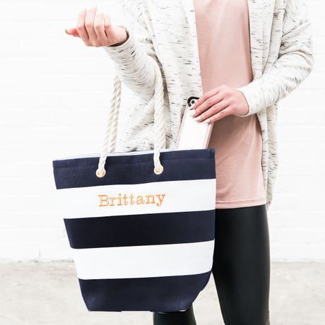 Personalized Large Bliss Striped Cotton Canvas Fabric Tote Bag - Navy And White - Unique Gift For Her