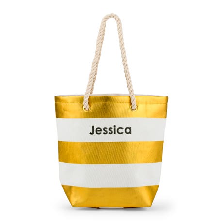 Personalized Large Bliss Striped Cotton Canvas Fabric Tote Bag - Gold And White