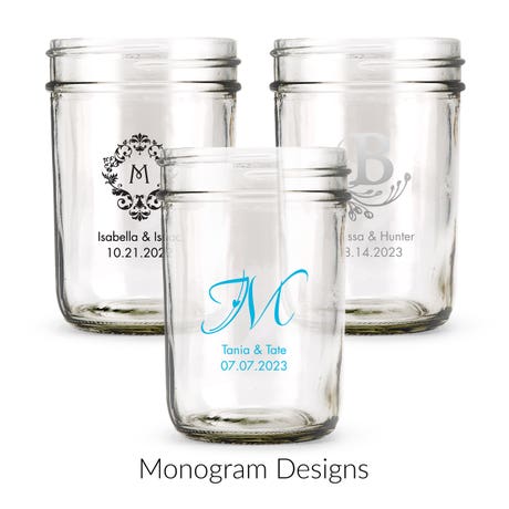 Personalized 8 oz. Glass Mason Jar Wedding Favor with Lid Options - Monograms | More Designs