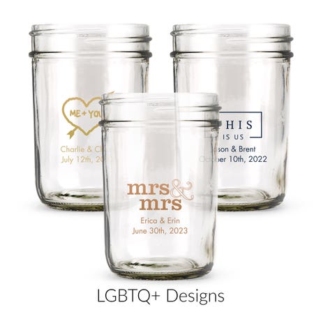 Personalized 8 oz. Glass Mason Jar Wedding Favor with Lid Options - LGBTQ+ | More Designs