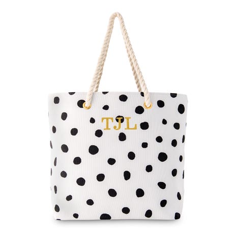 Personalized Extra-Large Polka Dot Cotton Fabric Canvas Tote Bag - Black On White - Unique Gift For Her