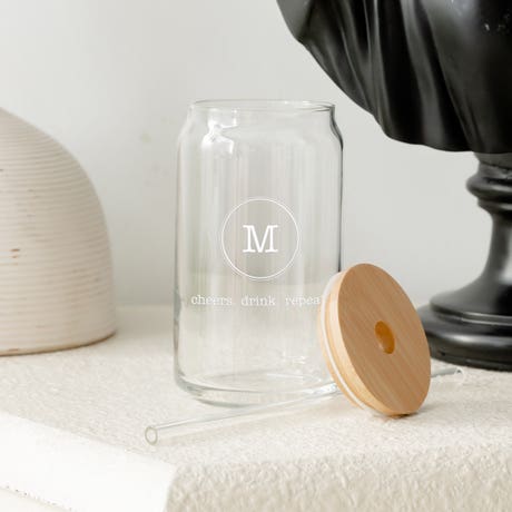 Personalized Can Shaped Drinking Glass - Circle Monogram - Unique Gift for Her