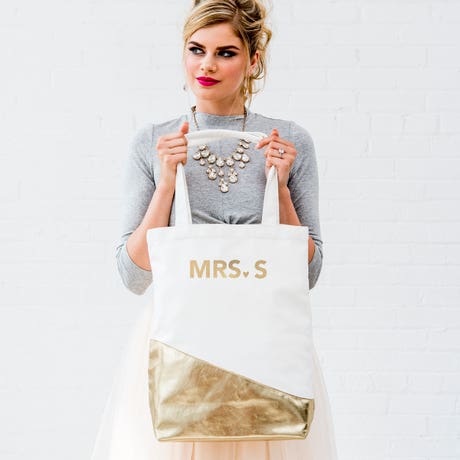 Large Personalized Gold & White Cotton Canvas Fabric Tote Bag - Initials - Unique Gift For Her