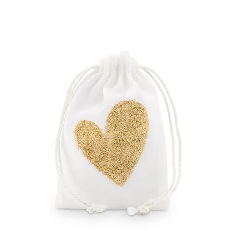Gold Glitter Heart Muslin Drawstring Favor Bag - Small (12)