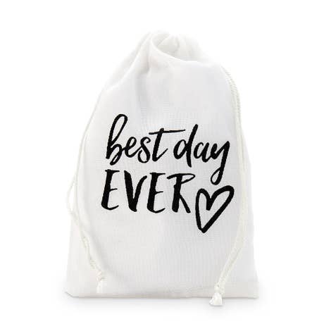 "Best Day Ever" Print Muslin Drawstring Favor Bag - Medium (12)