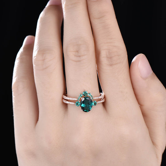 1.2CT Vintage Three Stone Emerald Diamond Engagement Ring Rose Gold Wedding Set