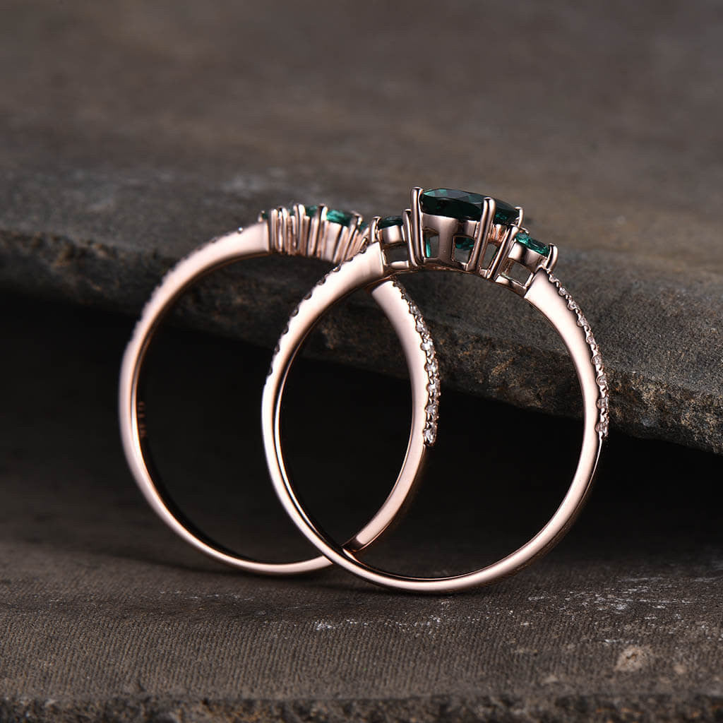 1.2CT Vintage Three Stone Emerald Diamond Engagement Ring Rose Gold Wedding Set