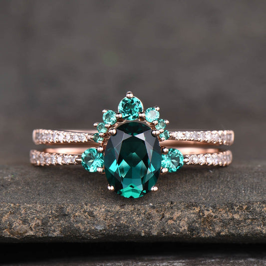 1.2CT Vintage Three Stone Emerald Diamond Engagement Ring Rose Gold Wedding Set