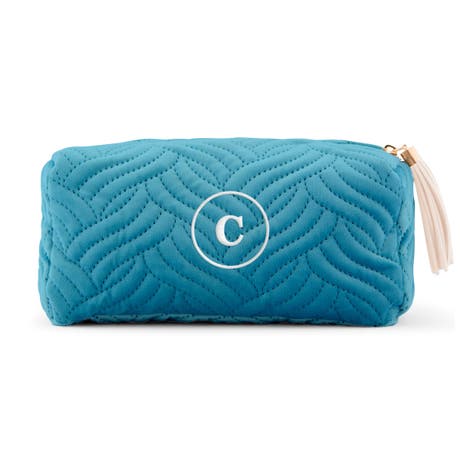 Small Personalized Velvet Quilted Makeup Bag - Light Blue - Unique Gift For Her