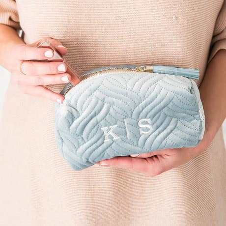 Small Personalized Velvet Quilted Makeup Bag - Spa Blue - Unique Gift For Her