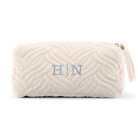 Small Personalized Velvet Quilted Makeup Bag - Ivory Beige - Unique Gift For Her