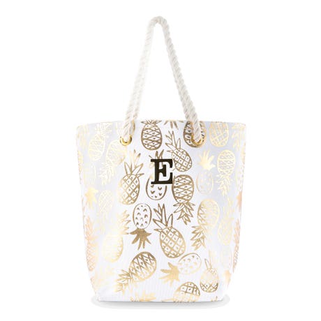 Personalized Monogrammed Cotton Canvas Beach Tote Bag - Gold Pineapple Print - Unique Gift For Her