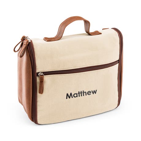 Personalized Men's Hanging Travel Toiletry Bag - Light Brown Canvas - Unique Gift For Him
