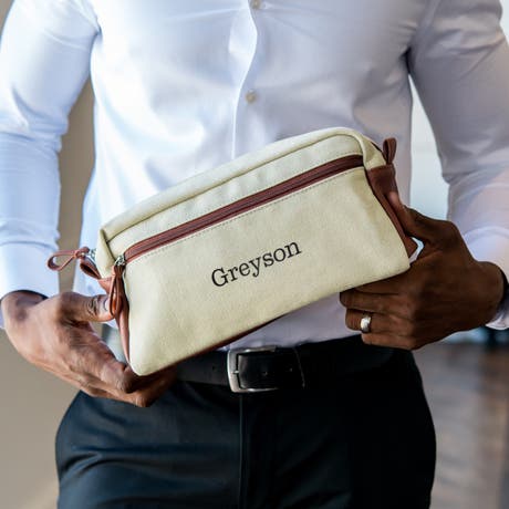 Personalized Men's Dual Compartment Travel Toiletry Bag - Light Brown Canvas - Unique Gift For Him