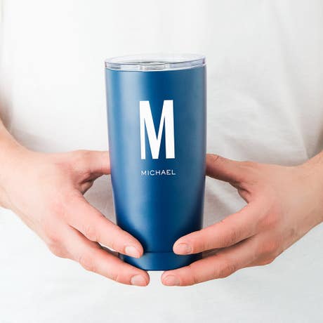 Personalized Stainless Steel Insulated Travel Mug - Sans Serif Monogram Print - Unique Gift for Him|Her