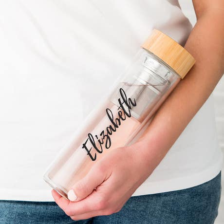 Personalized Glass Tea Infuser Travel Mug - Calligraphy Print - Unique Gift for Her