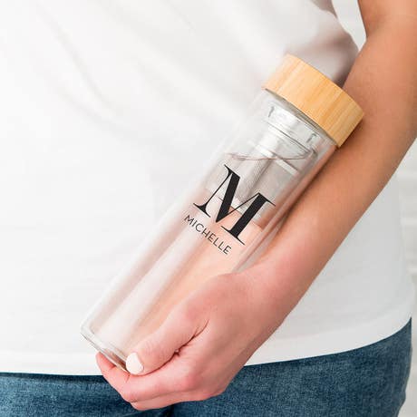 Personalized Glass Tea Infuser Travel Mug - Modern Serif Monogram Print - Unique Gift for Him|Her