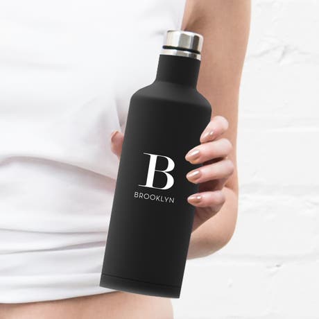 Personalized Black Stainless Steel Insulated Water Bottle - Modern Serif Monogram Print - Unique Gift for Her