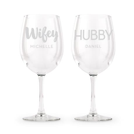 Large Personalized 12 Oz. Stemmed Wine Glasses - Wifey And Hubby - Set of 2