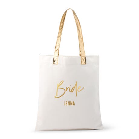 Personalized Cotton Canvas Fabric Tote Bag With Gold Strap - Bride