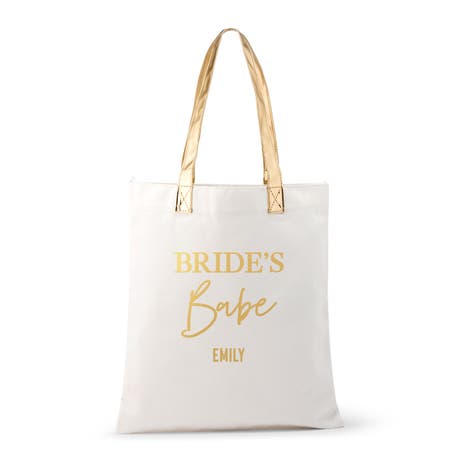 Personalized Cotton Canvas Fabric Tote Bag With Gold Strap - Bride's Babe