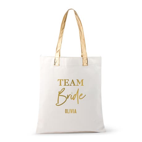 Personalized Cotton Canvas Fabric Tote Bag With Gold Strap - Team Bride