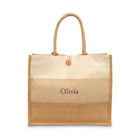 Large Personalized Reusable Fabric Beach Tote Bag - Burlap Ombre - Unique Gift For Her