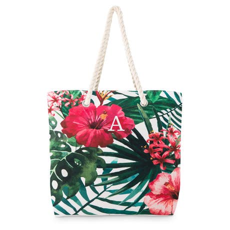 Personalized Extra-Large Cotton Canvas Fabric Beach Tote Bag - Tropical Hibiscus - Unique Gift For Her