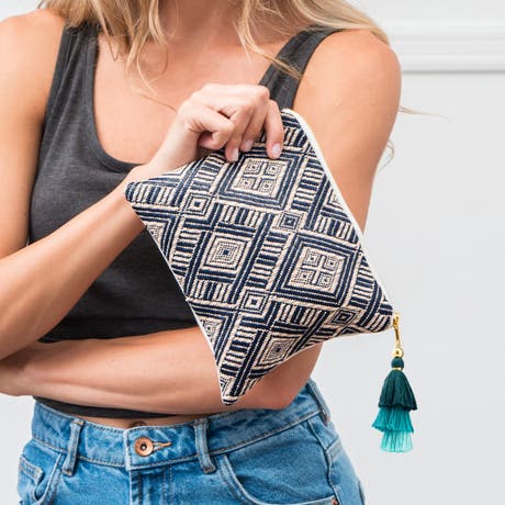 Women's Personalized Geo Tribal Print Makeup Bag - Navy Blue - Unique Gift for Her