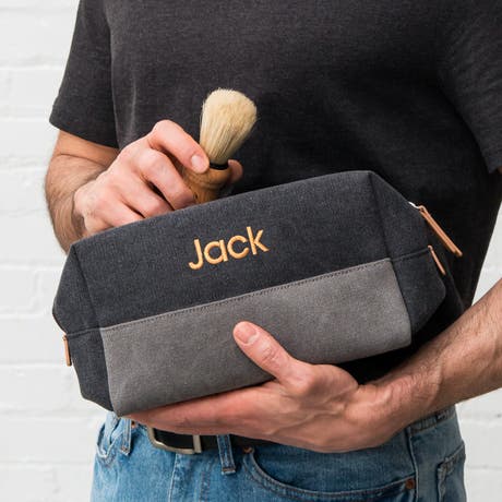 Personalized Men's Travel Toiletry Bag - Black & Gray Canvas - Unique Gift For Him