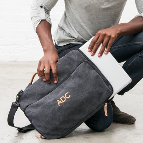 Personalized 17" Canvas Laptop Bag With Cross Strap - Black - Unique Gift For Him