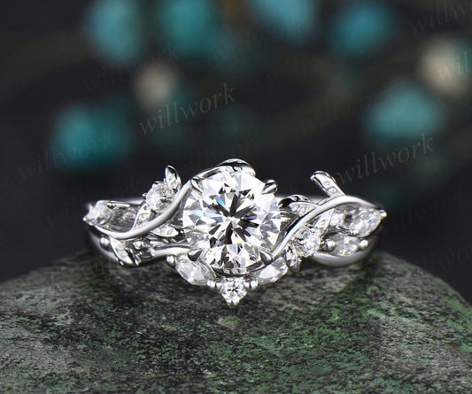 1ct Round Cut IGI Lab Grown Diamond Engagement Ring Solid 14k 18k White Gold Branch Leaf Five Stone Promise Wedding Ring Set Women