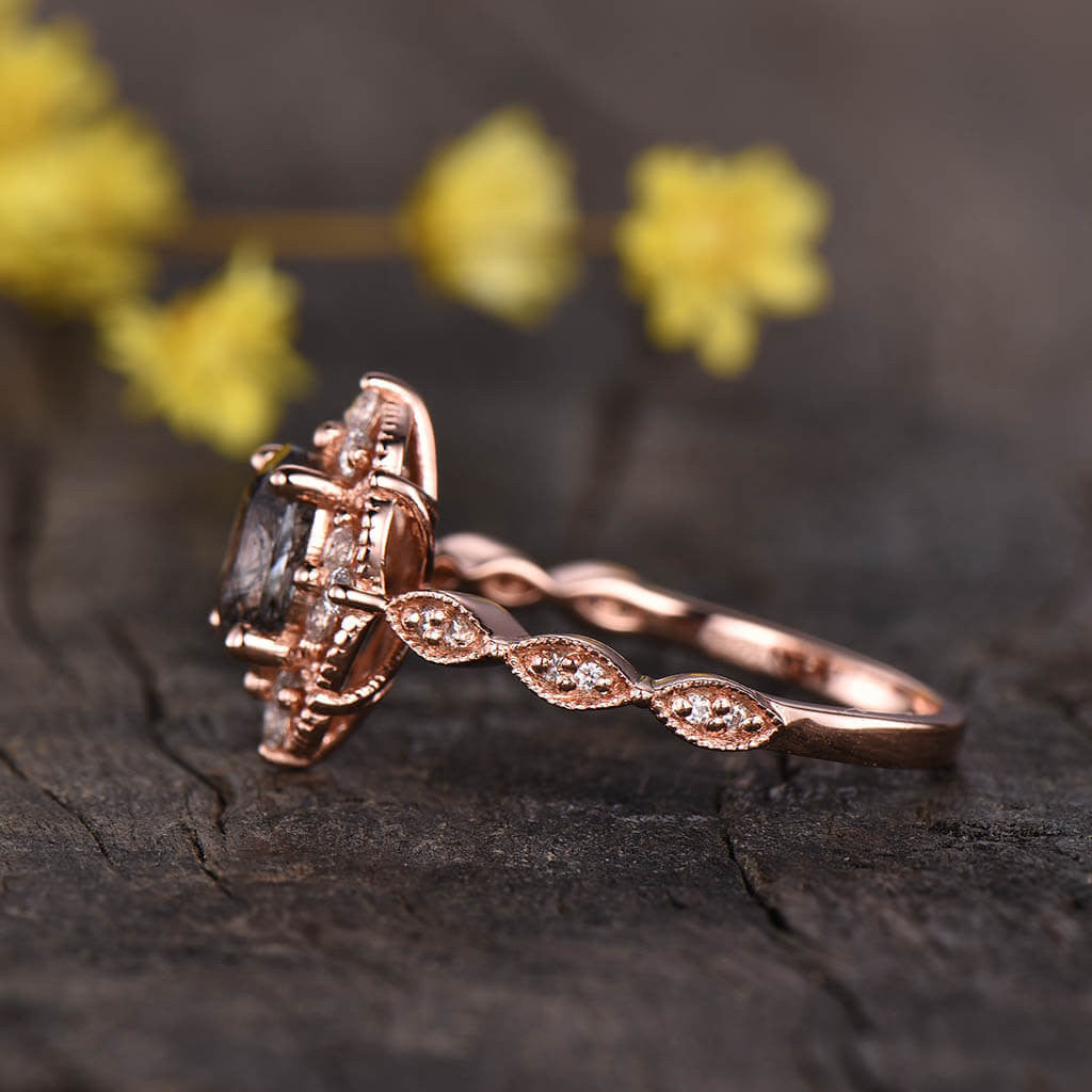 14K/18K Milgrain Filigree Black Rutilated Quartz Diamond Engagement Rings Vintage