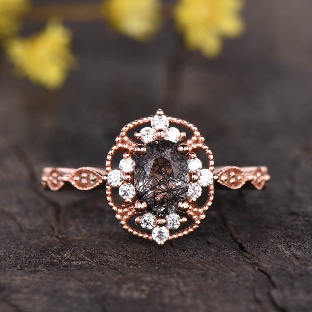 14K/18K Milgrain Filigree Black Rutilated Quartz Diamond Engagement Rings Vintage