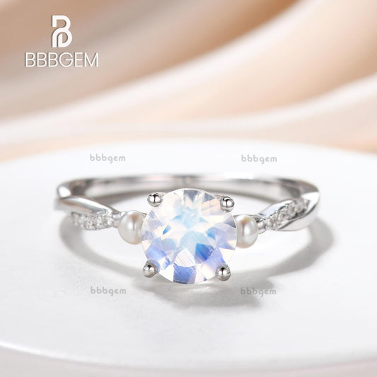 Infinity Round Cut Moonstone Engagement Ring With Akoya Pearl White Gold Three Stone Wedding Band