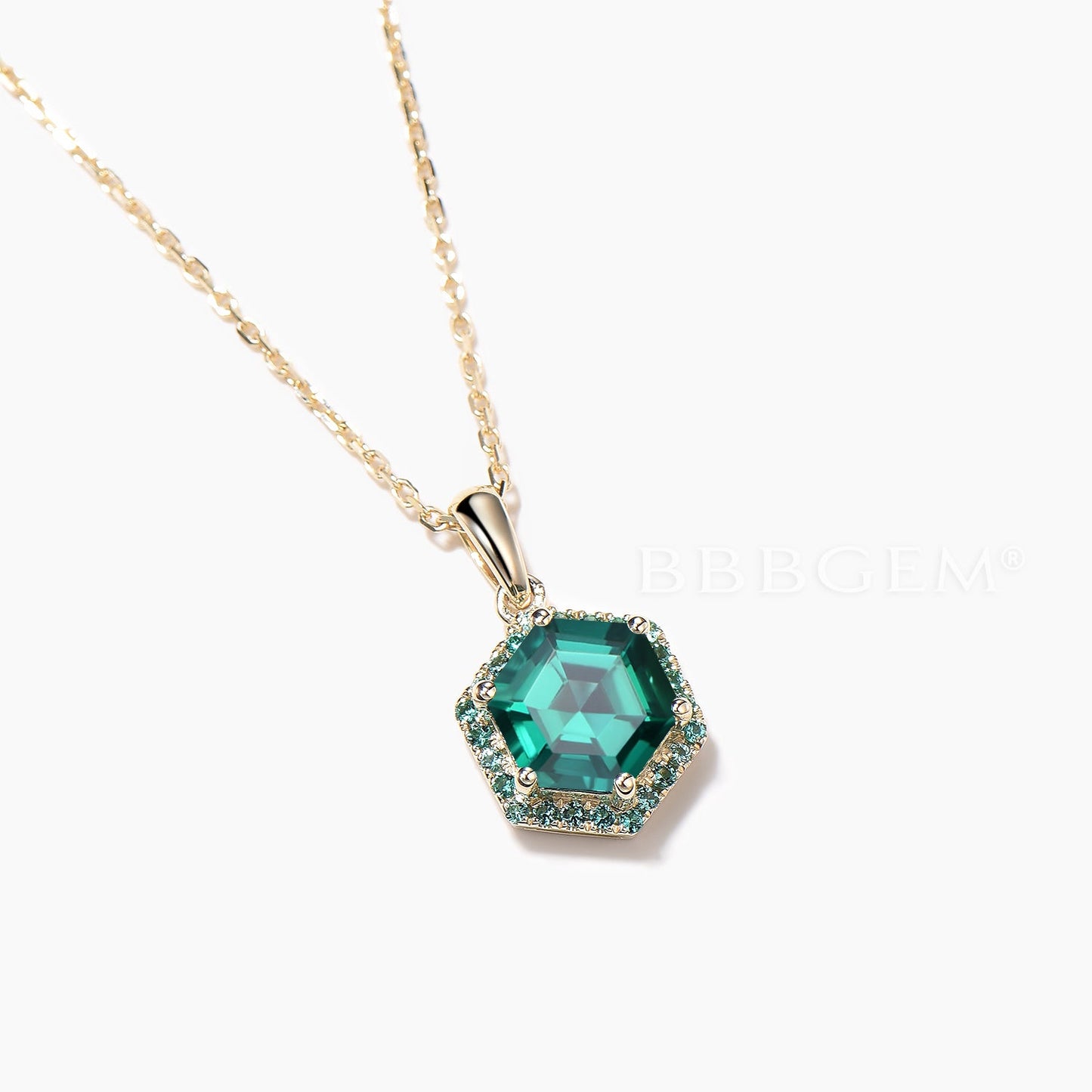 1CT Hexagon Cut Emerald Necklace Yellow Gold Emerald Halo Wedding Pendant